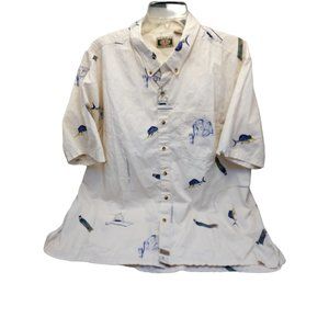 Vintage Global Tracking GPS Mens Ivory Marlin Fish Print Button Shirt Size XL